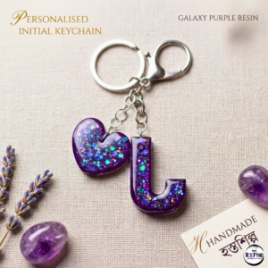 Personalized(A-Z) Galaxy Purple Resin Initial Keychain with Heart Charm | Handmade Custom Letter Key Ring Gift