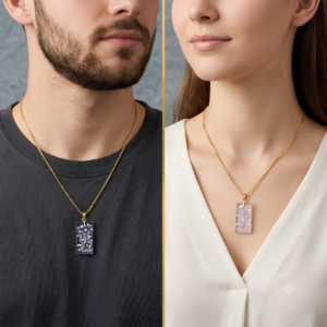 Minimalist Rectangular Resin Pendant Necklace with Delicate Inclusions – Unisex Gold Chain Jewelry