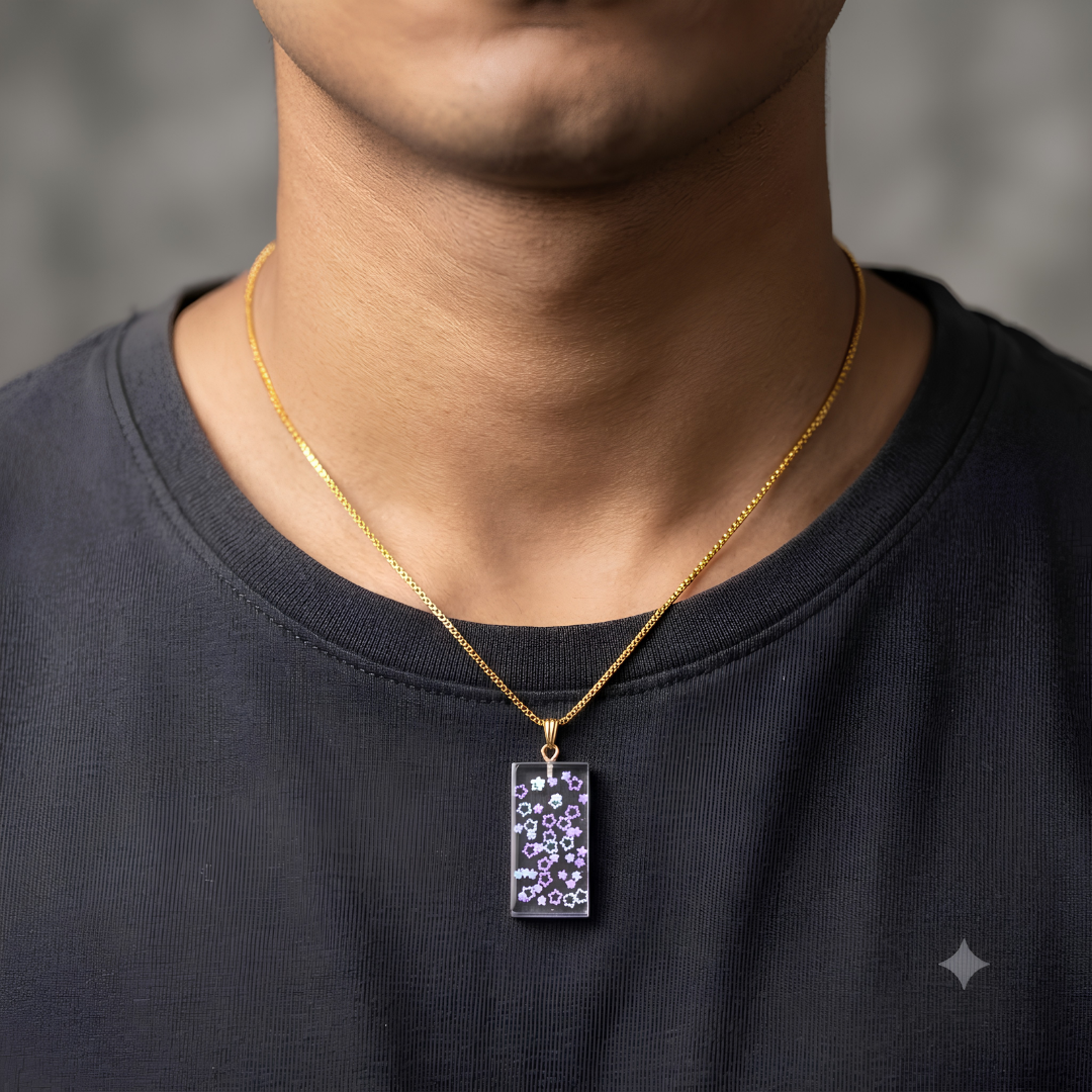 Minimalist Rectangular Resin Pendant Necklace with Delicate Inclusions – Unisex Gold Chain Jewelry