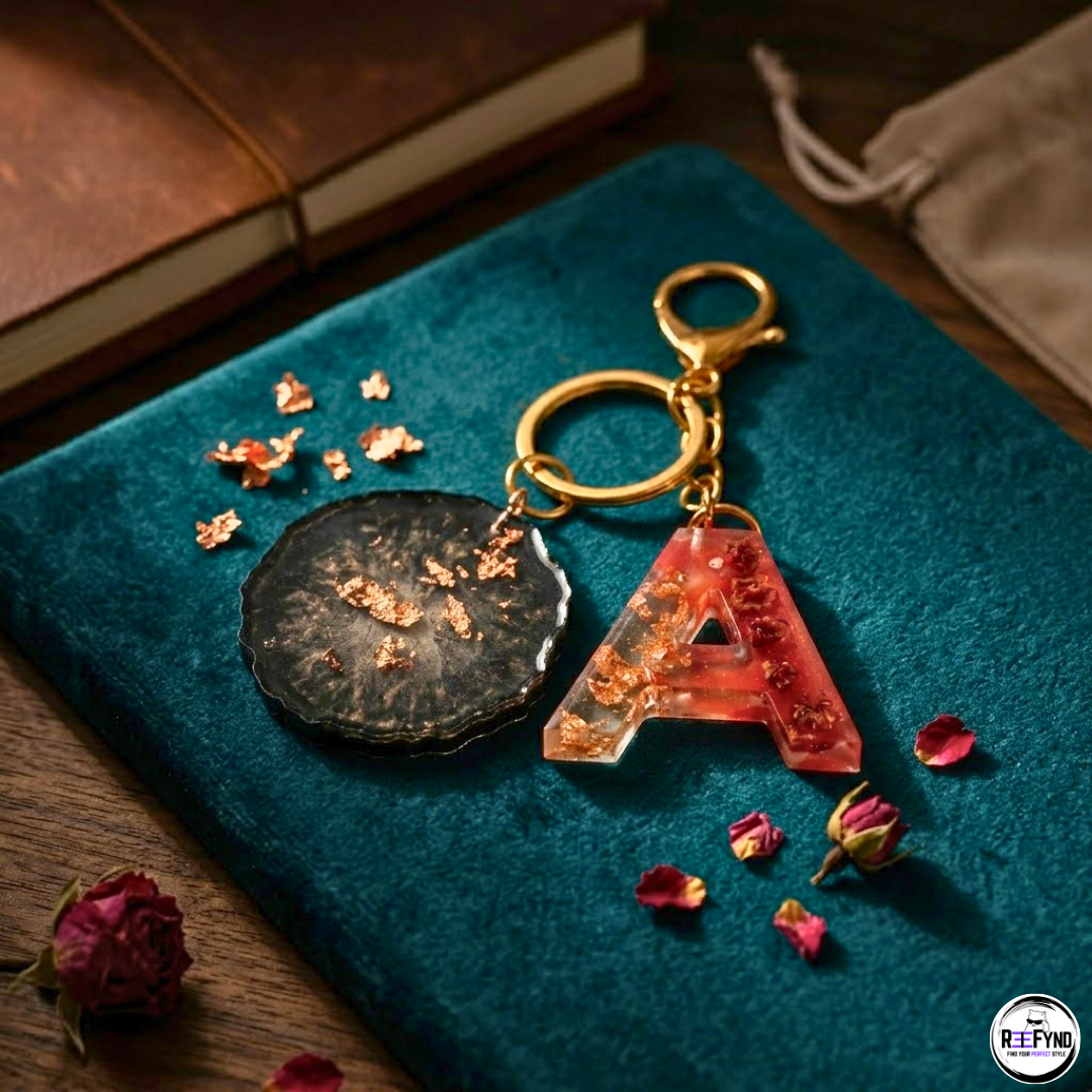 Personalized Resin Initial Keychain with Black Geode Charm | Handmade Custom (A-Z) Letter Key Ring with Gold Foil