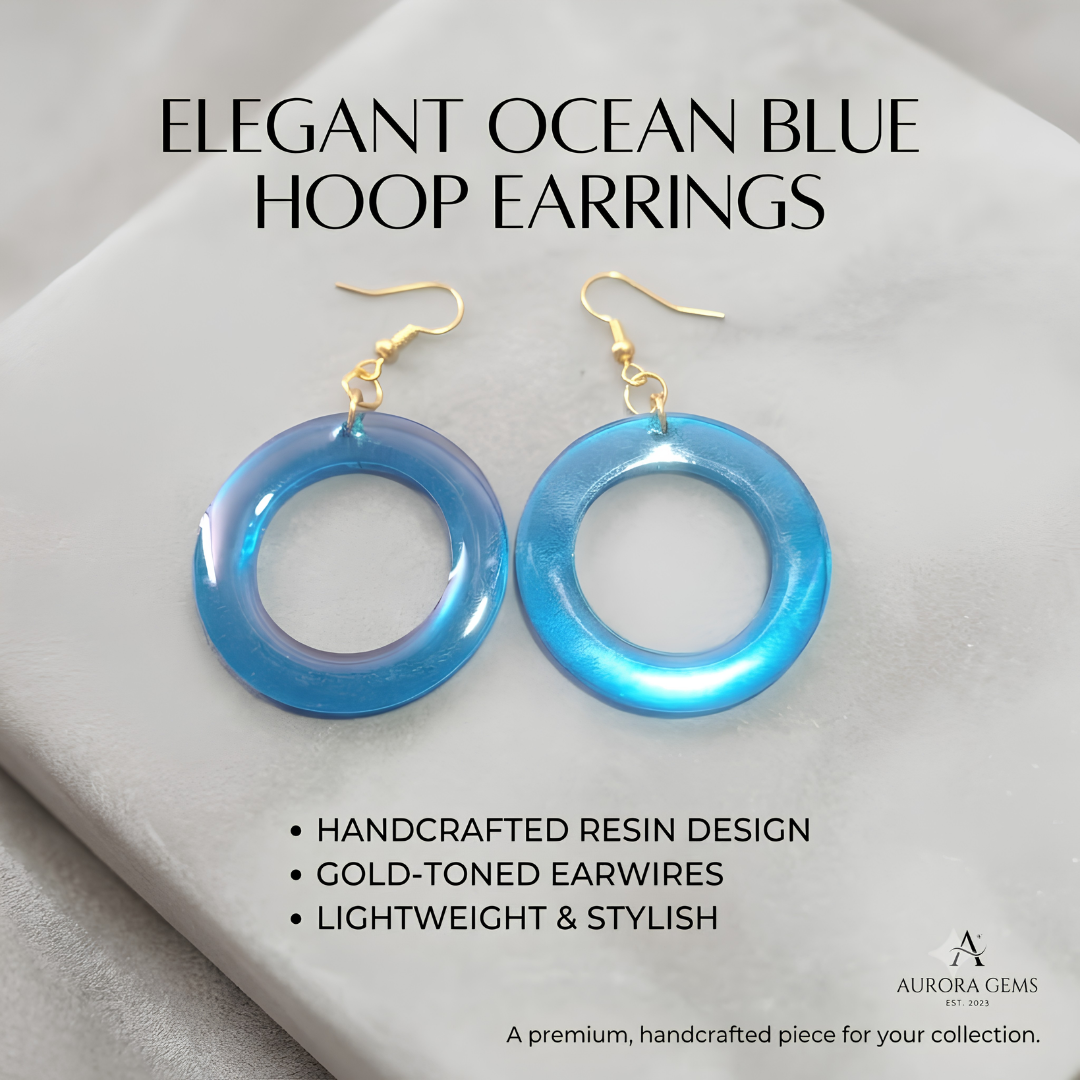 Elegant Ocean Blue Resin Hoop Earrings – Lightweight Handcrafted Gold-Tone Dangle Jewelry