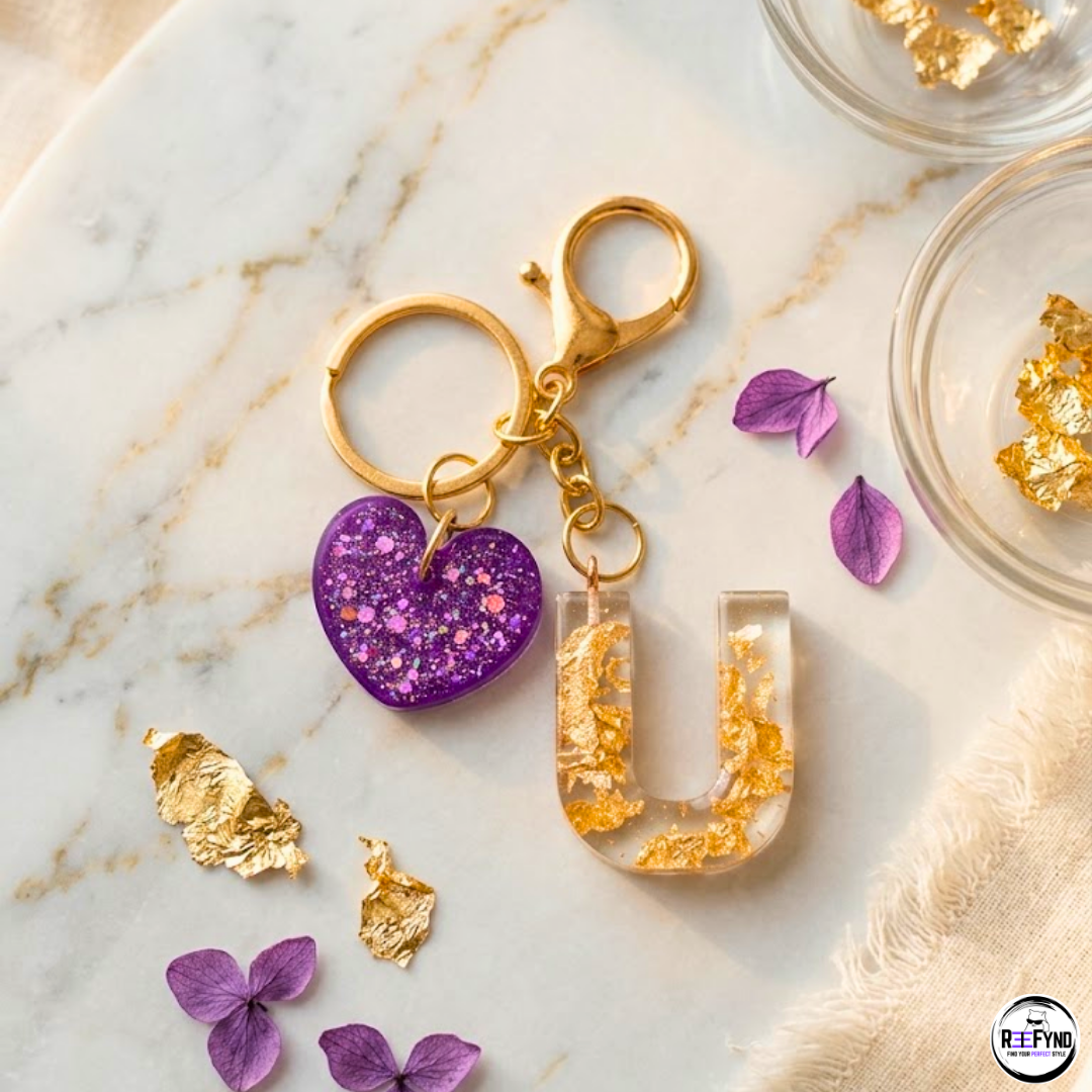 Personalized Resin Initial Keychain with Purple Heart Charm | Handmade Custom Letter (A-Z) Key Ring with Gold Foil