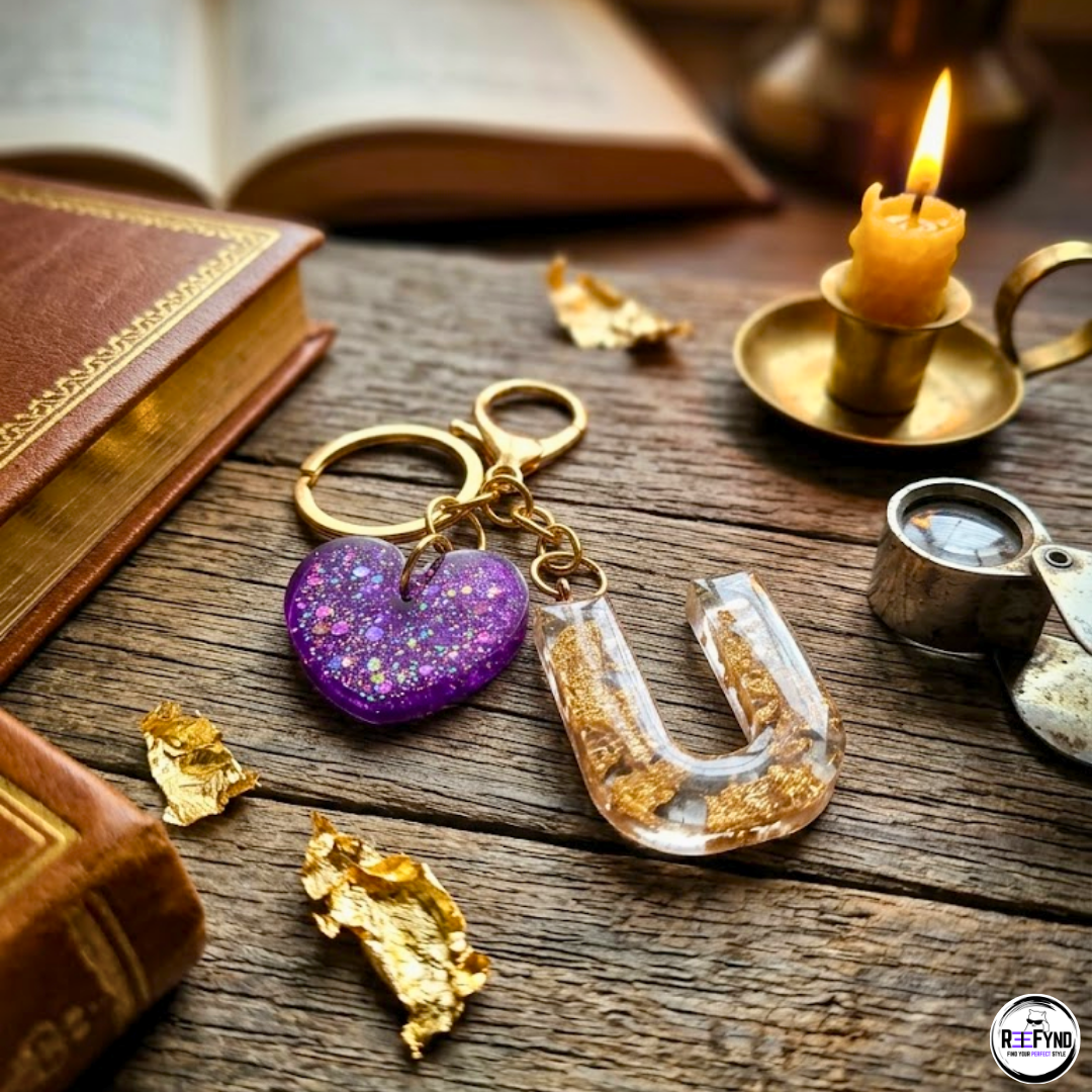 Personalized Resin Initial Keychain with Purple Heart Charm | Handmade Custom Letter (A-Z) Key Ring with Gold Foil