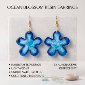 Handcrafted Ocean Blossom Blue Resin Flower Earrings – Lightweight Dangle Jewelry with Gold-Toned Hardware