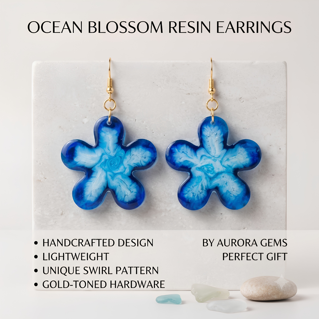 Handcrafted Ocean Blossom Blue Resin Flower Earrings – Lightweight Dangle Jewelry with Gold-Toned Hardware