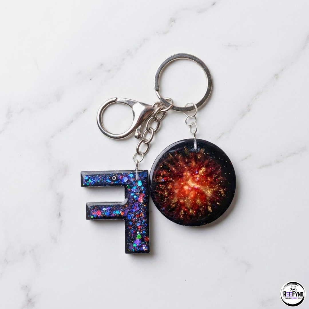 Custom Resin Alphabet (A-Z) Keychain with Galaxy Charm | Handmade Personalized Letter Keyring Gift for Men & Women