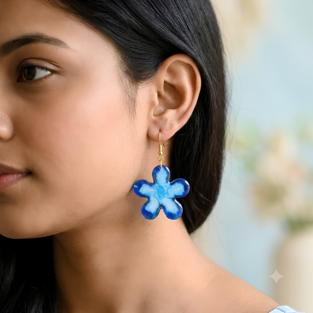 Handcrafted Ocean Blossom Blue Resin Flower Earrings – Lightweight Dangle Jewelry with Gold-Toned Hardware