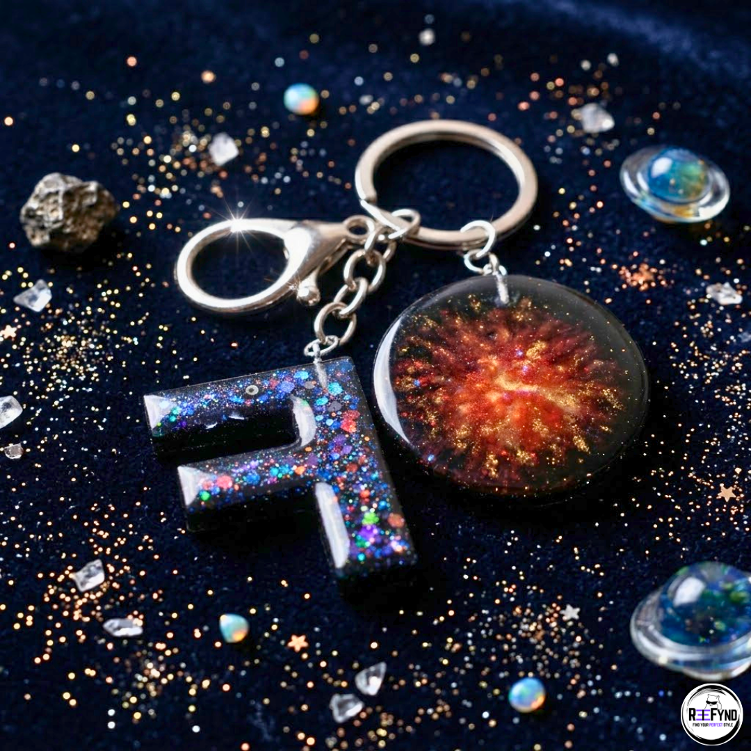 Custom Resin Alphabet (A-Z) Keychain with Galaxy Charm | Handmade Personalized Letter Keyring Gift for Men & Women