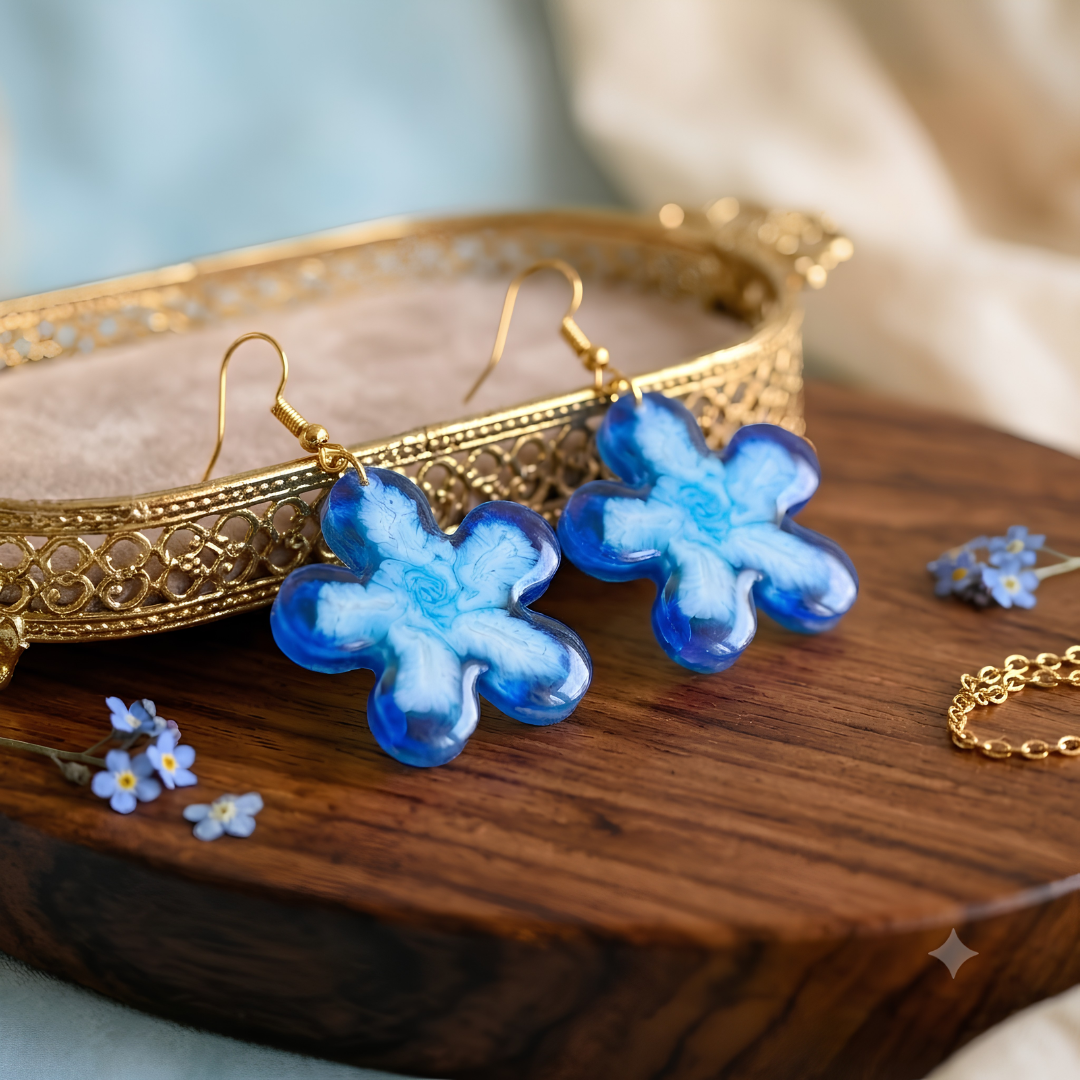 Handcrafted Ocean Blossom Blue Resin Flower Earrings – Lightweight Dangle Jewelry with Gold-Toned Hardware