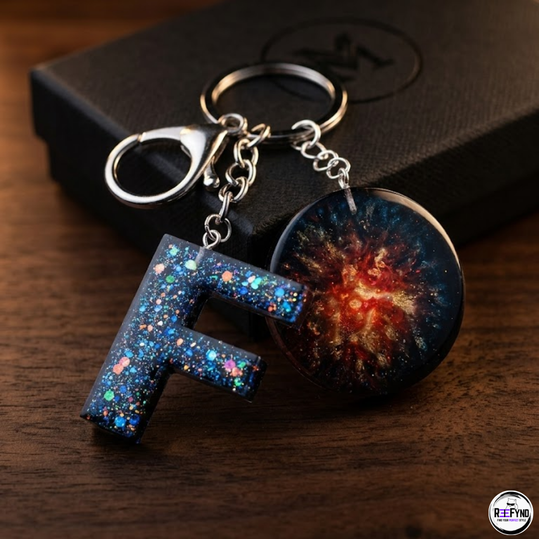 Custom Resin Alphabet (A-Z) Keychain with Galaxy Charm | Handmade Personalized Letter Keyring Gift for Men & Women
