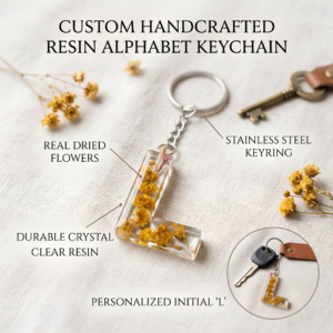 Custom Handcrafted Floral Resin Alphabet Keychain – Personalized Initial Letter Keyring with Real Dried Flowers