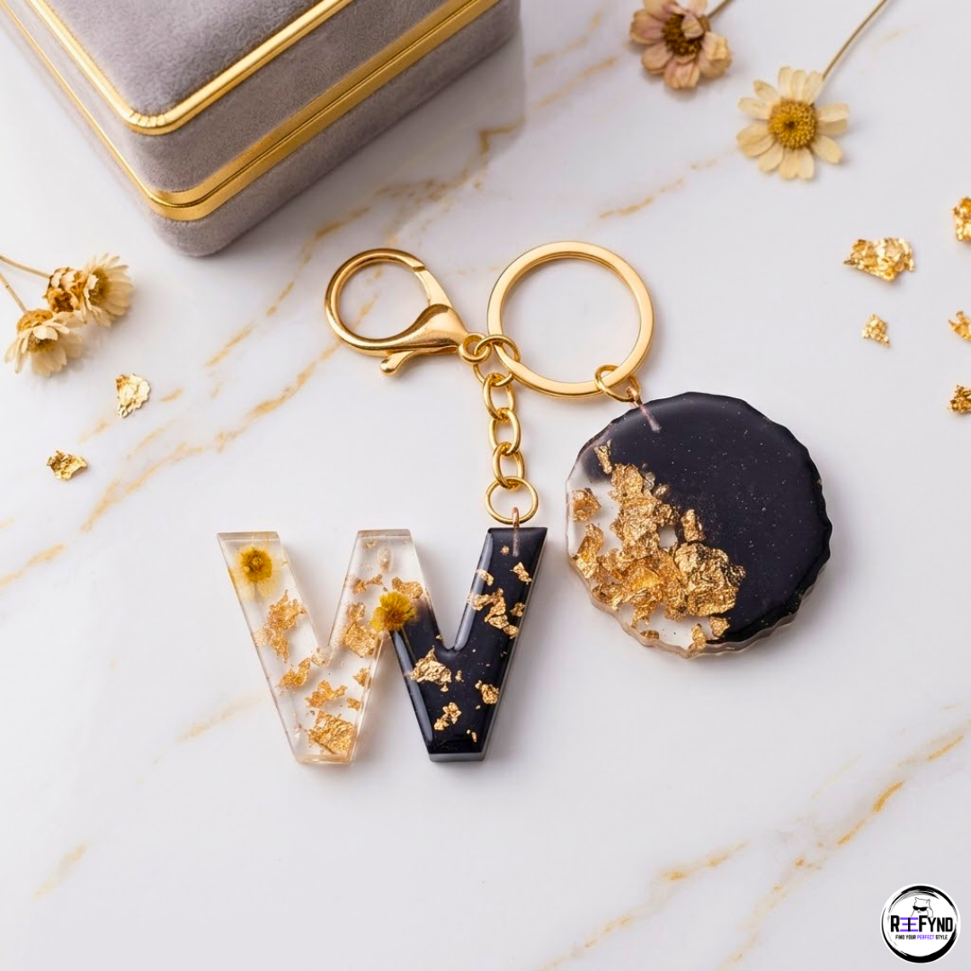 Custom Resin Letter (A-Z) Keychain with Gold Foil & Dried Flowers | Handmade Personalized Initial Keyring Gift