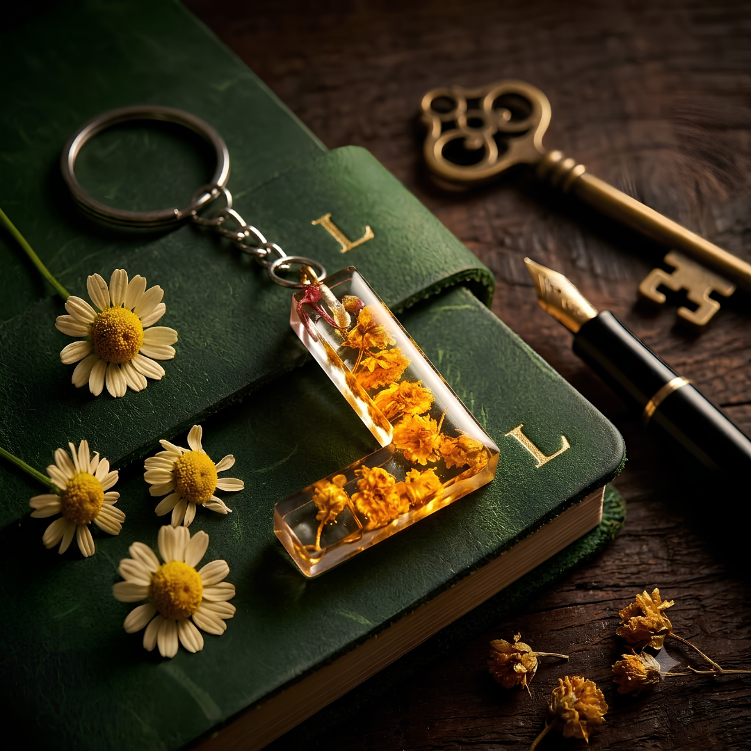 Custom Handcrafted Floral Resin Alphabet Keychain – Personalized Initial Letter Keyring with Real Dried Flowers