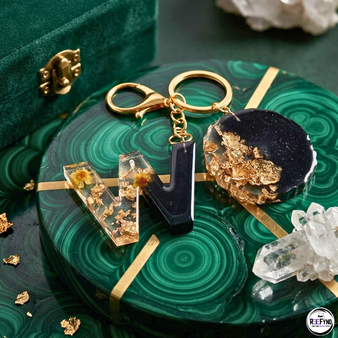 Custom Resin Letter (A-Z) Keychain with Gold Foil & Dried Flowers | Handmade Personalized Initial Keyring Gift