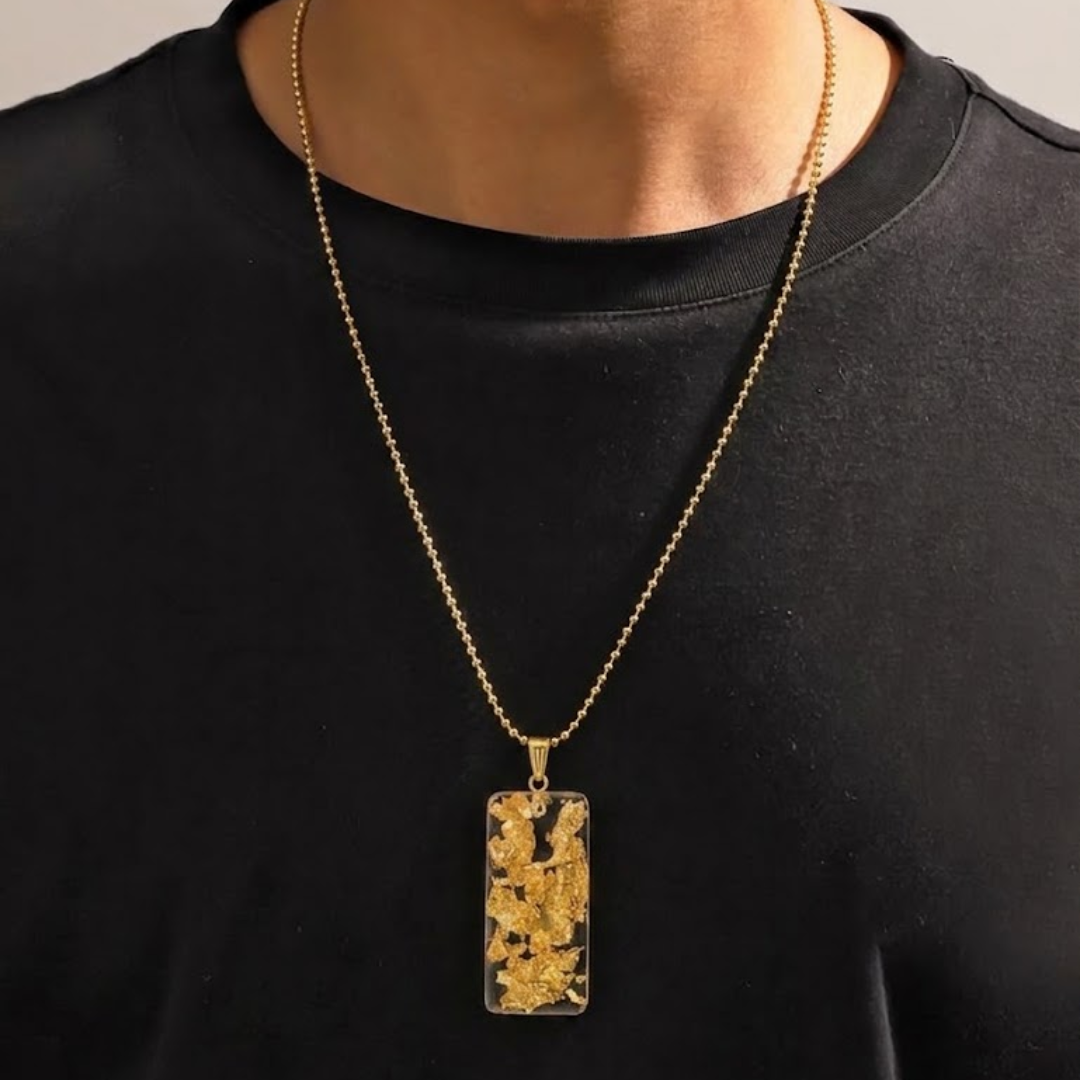 Elegant Gold Leaf Resin Pendant Necklace | Minimalist Rectangular Gold Flake Jewelry on Beaded Chain