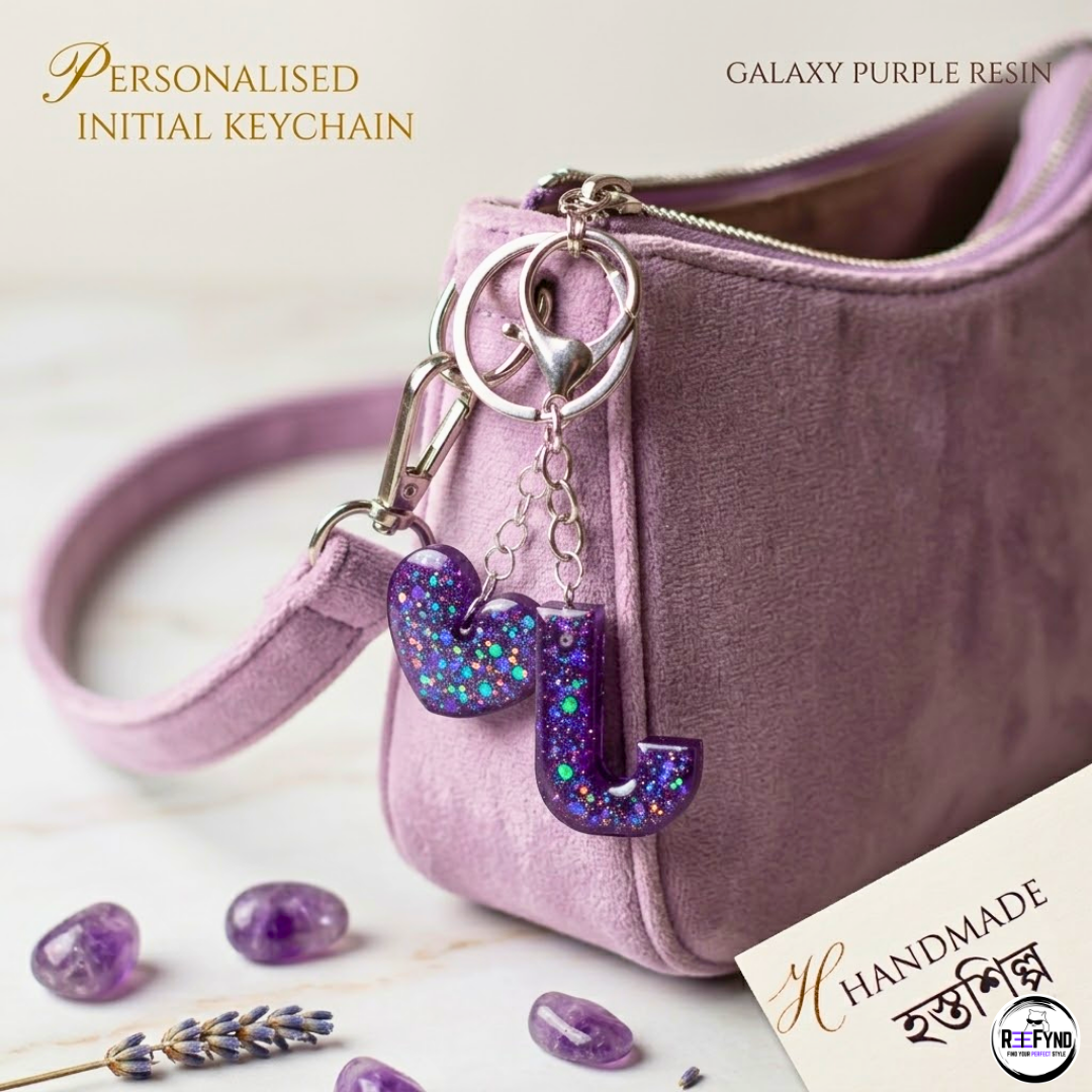 Personalized(A-Z) Galaxy Purple Resin Initial Keychain with Heart Charm | Handmade Custom Letter Key Ring Gift
