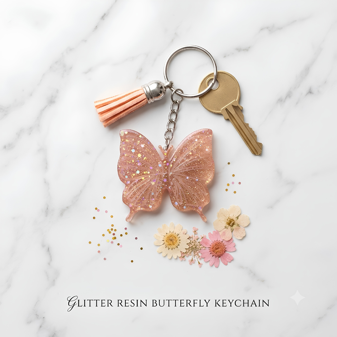 Handcrafted Glitter Resin Butterfly Keychain with Tassel – Sparkly Pastel Bag Charm & Keyring