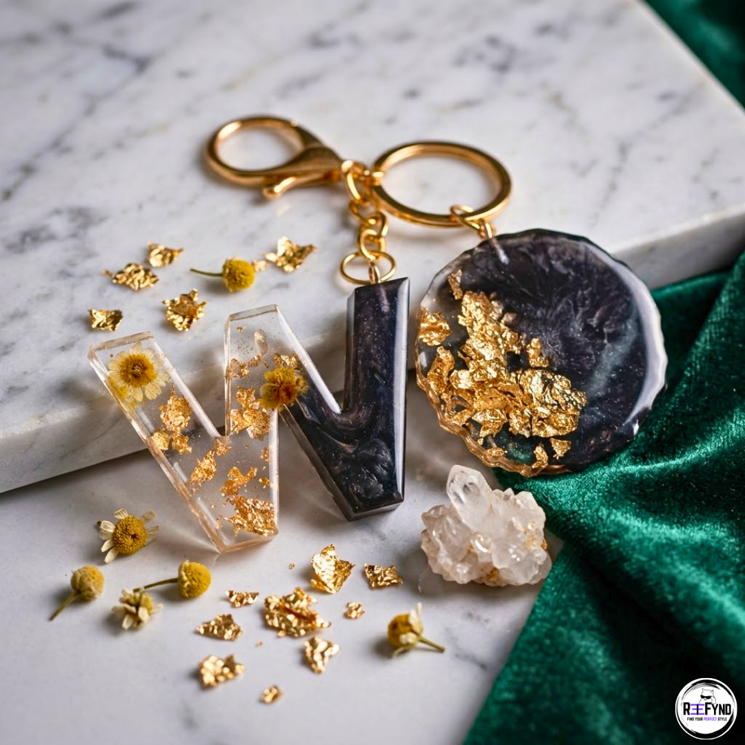 Custom Resin Letter (A-Z) Keychain with Gold Foil & Dried Flowers | Handmade Personalized Initial Keyring Gift
