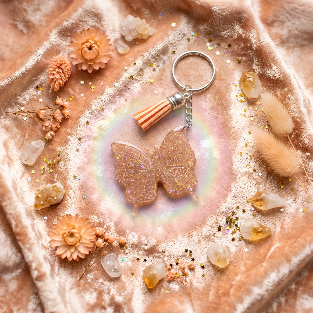 Handcrafted Glitter Resin Butterfly Keychain with Tassel – Sparkly Pastel Bag Charm & Keyring