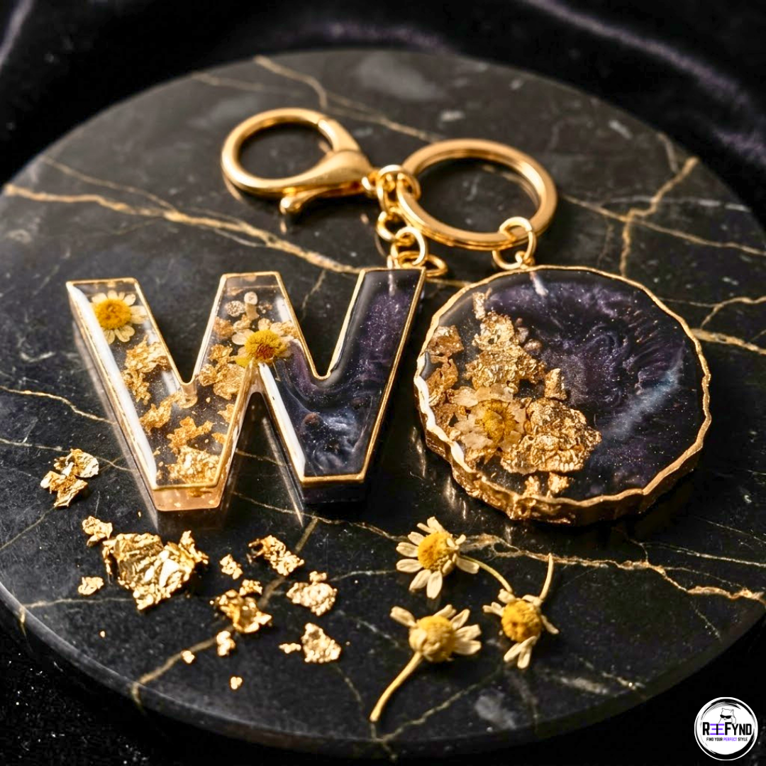Custom Resin Letter (A-Z) Keychain with Gold Foil & Dried Flowers | Handmade Personalized Initial Keyring Gift