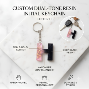 Custom Dual-Tone Resin Initial Keychain – Pink Glitter & Black Personalized Letter Keyring