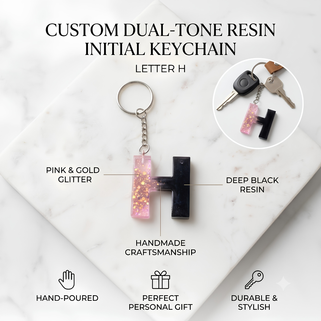 Custom Dual-Tone Resin Initial Keychain – Pink Glitter & Black Personalized Letter Keyring