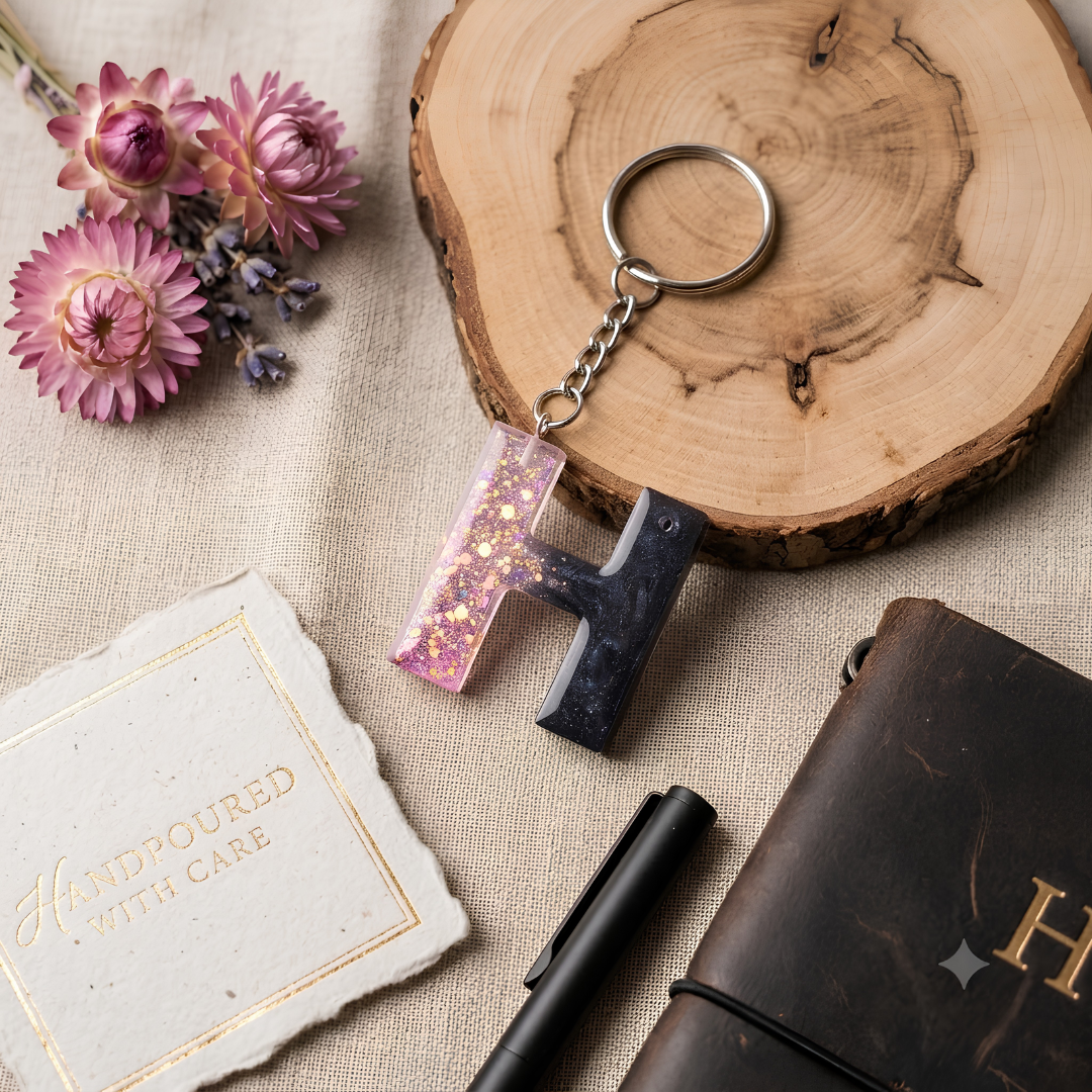 Custom Dual-Tone Resin Initial Keychain – Pink Glitter & Black Personalized Letter Keyring