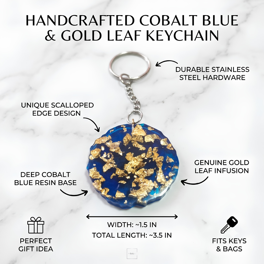 Handcrafted Cobalt Blue & Gold Leaf Resin Keychain – Unique Scalloped Edge Bag Charm
