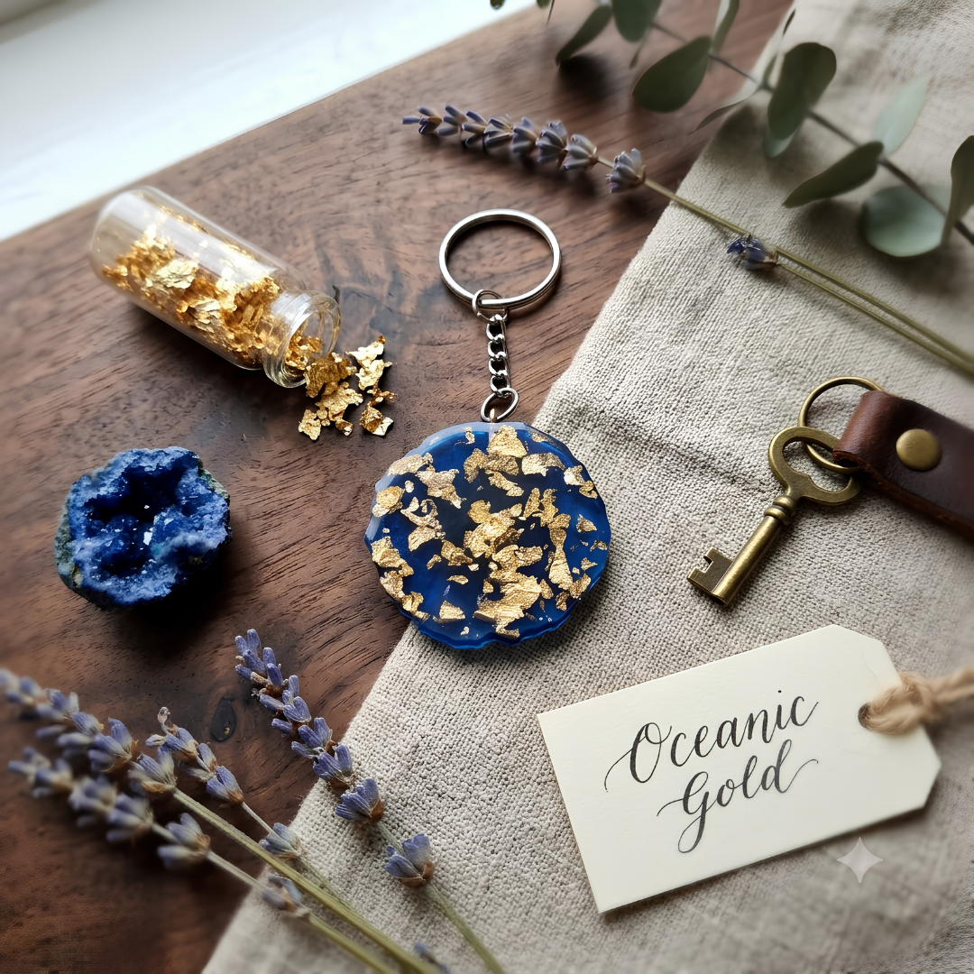 Handcrafted Cobalt Blue & Gold Leaf Resin Keychain – Unique Scalloped Edge Bag Charm