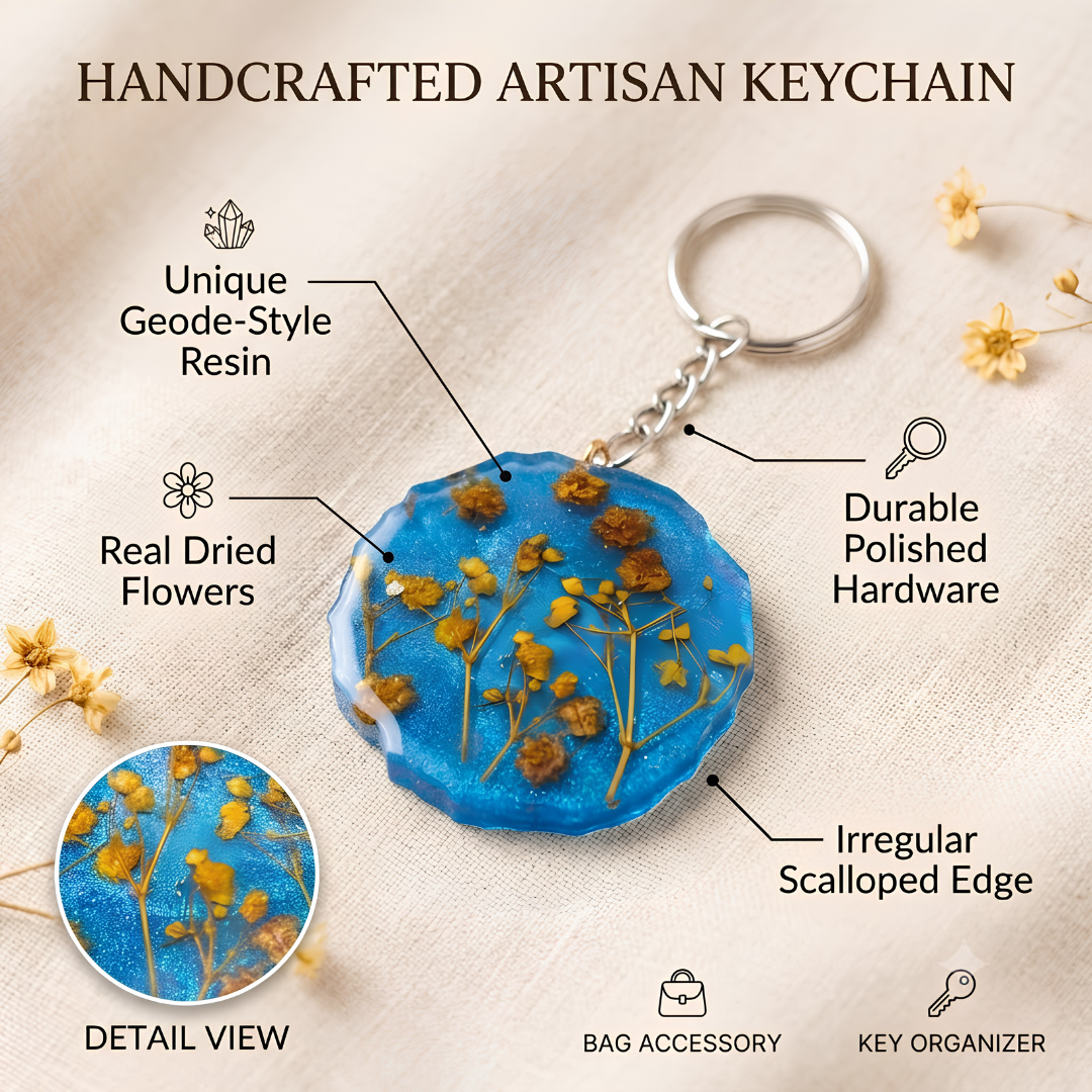 Blue Geode Resin Keychain with Real Dried Flowers – Artisan Floral Bag Charm & Key Organizer