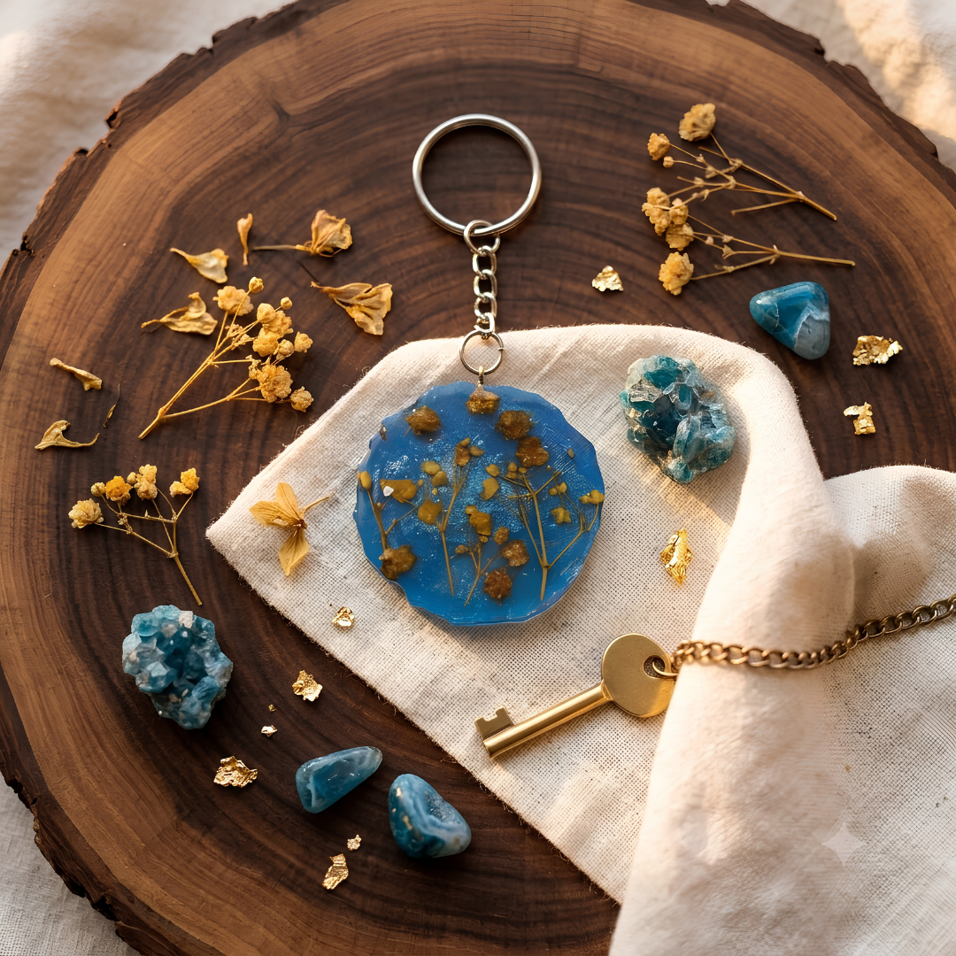 Blue Geode Resin Keychain with Real Dried Flowers – Artisan Floral Bag Charm & Key Organizer