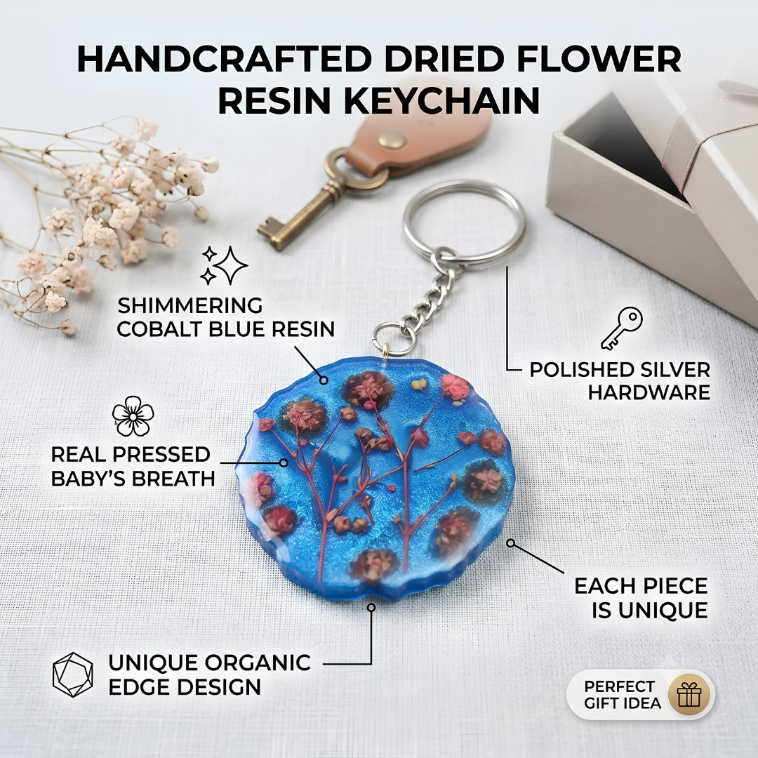 Cobalt Blue Resin Keychain with Real Pressed Baby's Breath – Unique Botanical Bag Charm