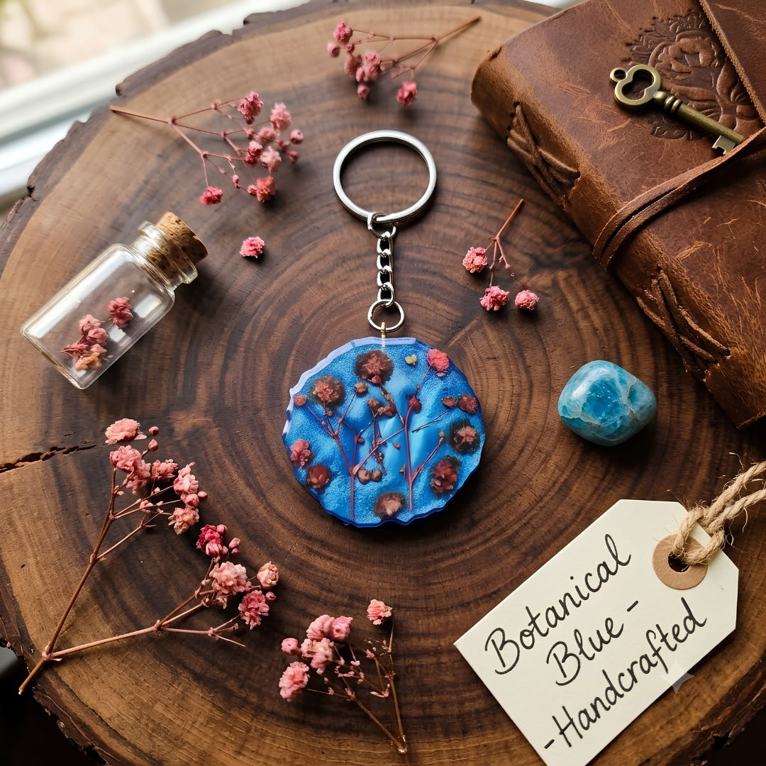 Cobalt Blue Resin Keychain with Real Pressed Baby's Breath – Unique Botanical Bag Charm