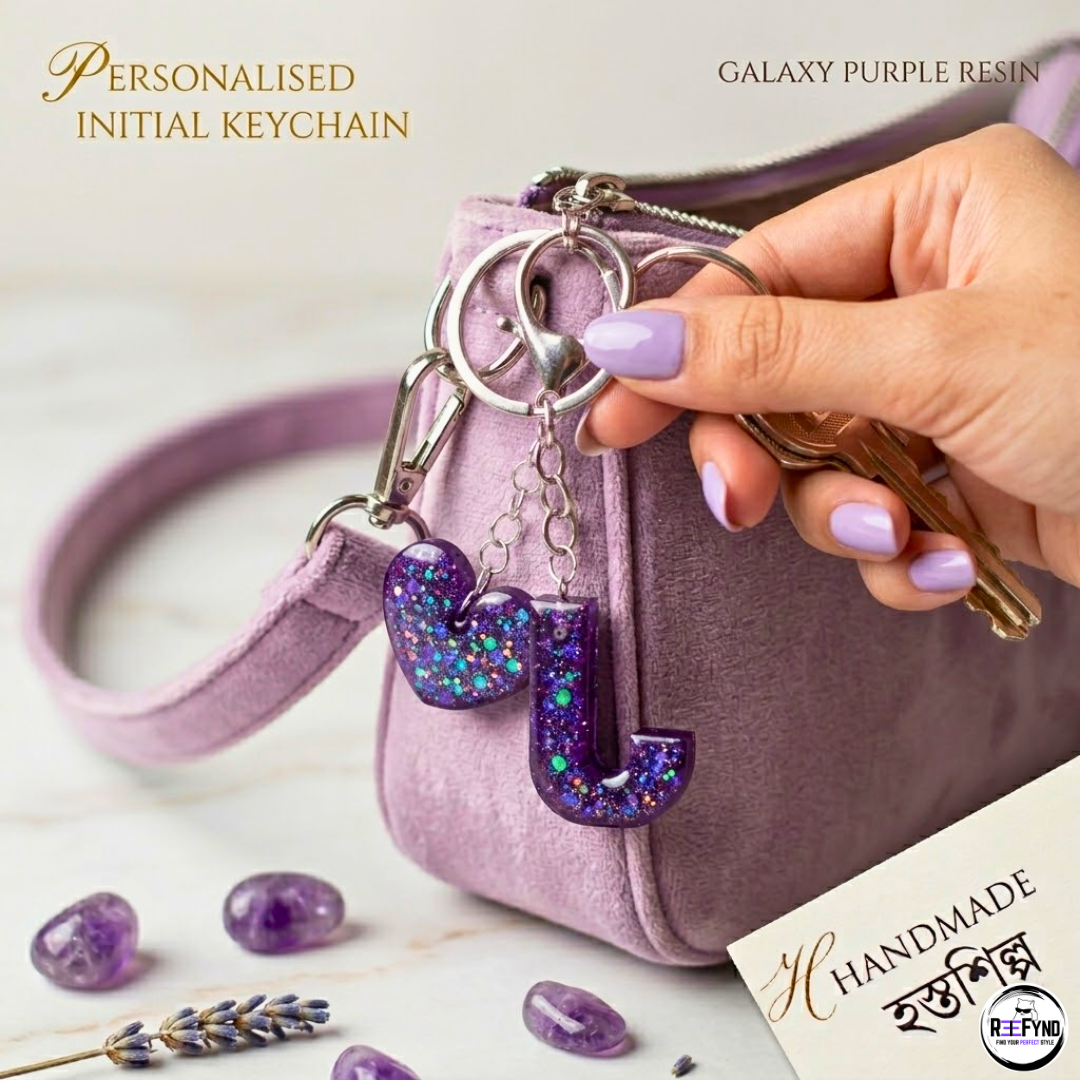 Personalized(A-Z) Galaxy Purple Resin Initial Keychain with Heart Charm | Handmade Custom Letter Key Ring Gift