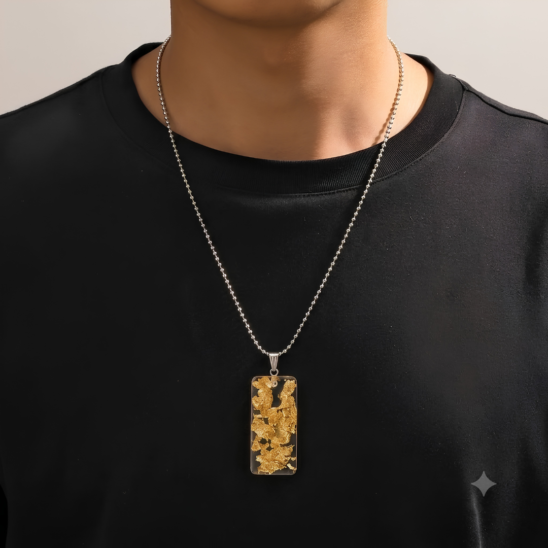 Elegant Gold Leaf Resin Pendant Necklace | Minimalist Rectangular Gold Flake Jewelry on Beaded Chain