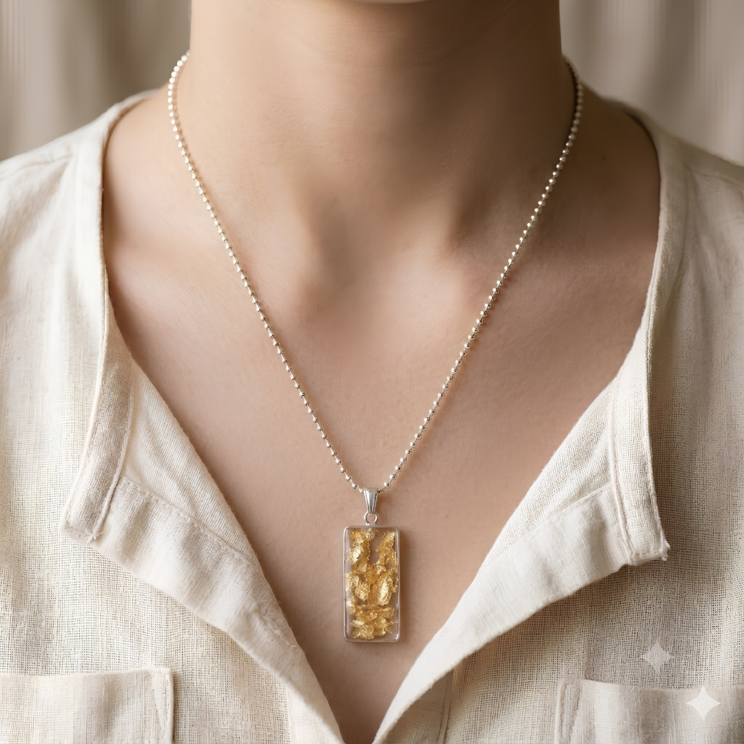 Elegant Gold Leaf Resin Pendant Necklace | Minimalist Rectangular Gold Flake Jewelry on Beaded Chain