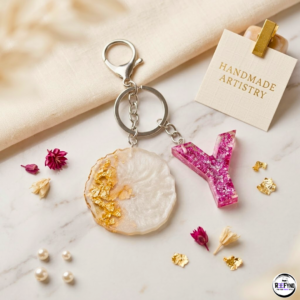 Personalized Resin (A-Z) Keychain with Pearl & Gold Foil Charm | Handmade Custom Letter Key Ring