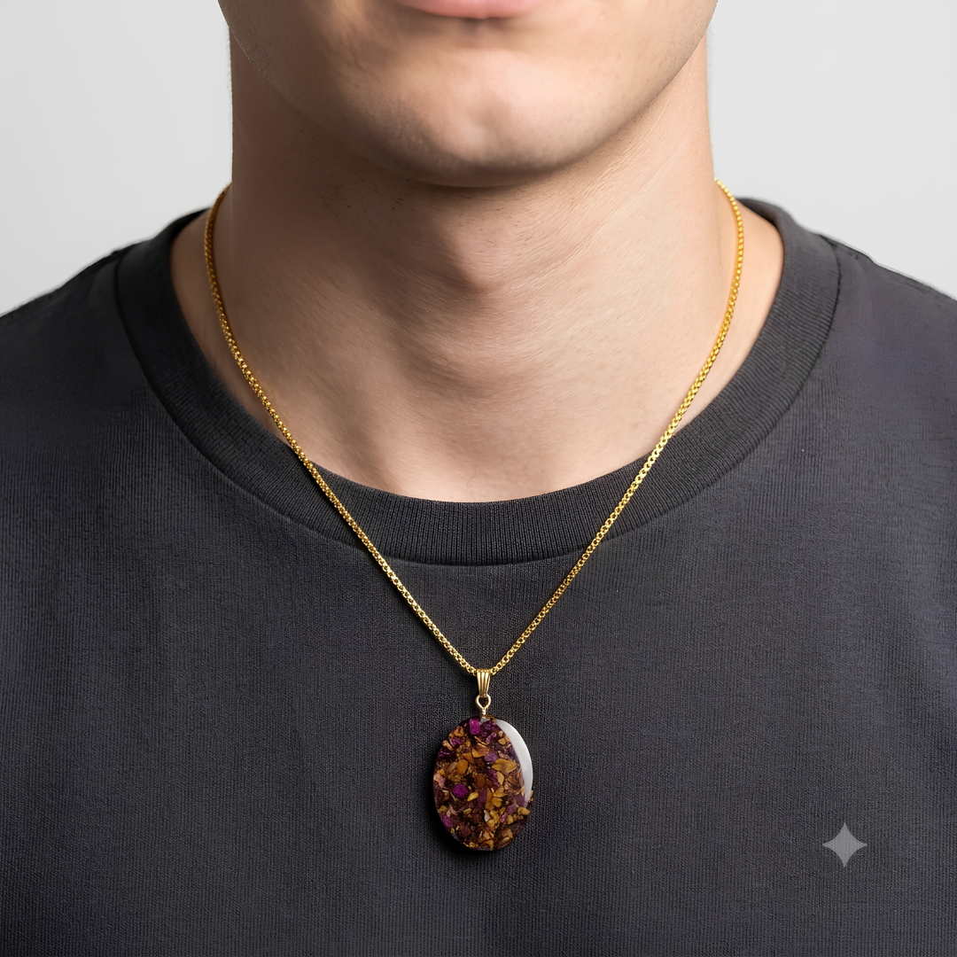 Rose petal Resin Pendant Necklace with Delicate Inclusions – Unisex Gold Chain Jewelry