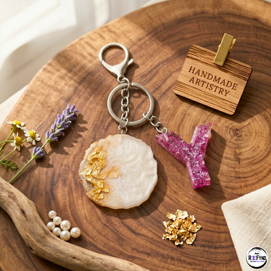 Personalized Resin (A-Z) Keychain with Pearl & Gold Foil Charm | Handmade Custom Letter Key Ring