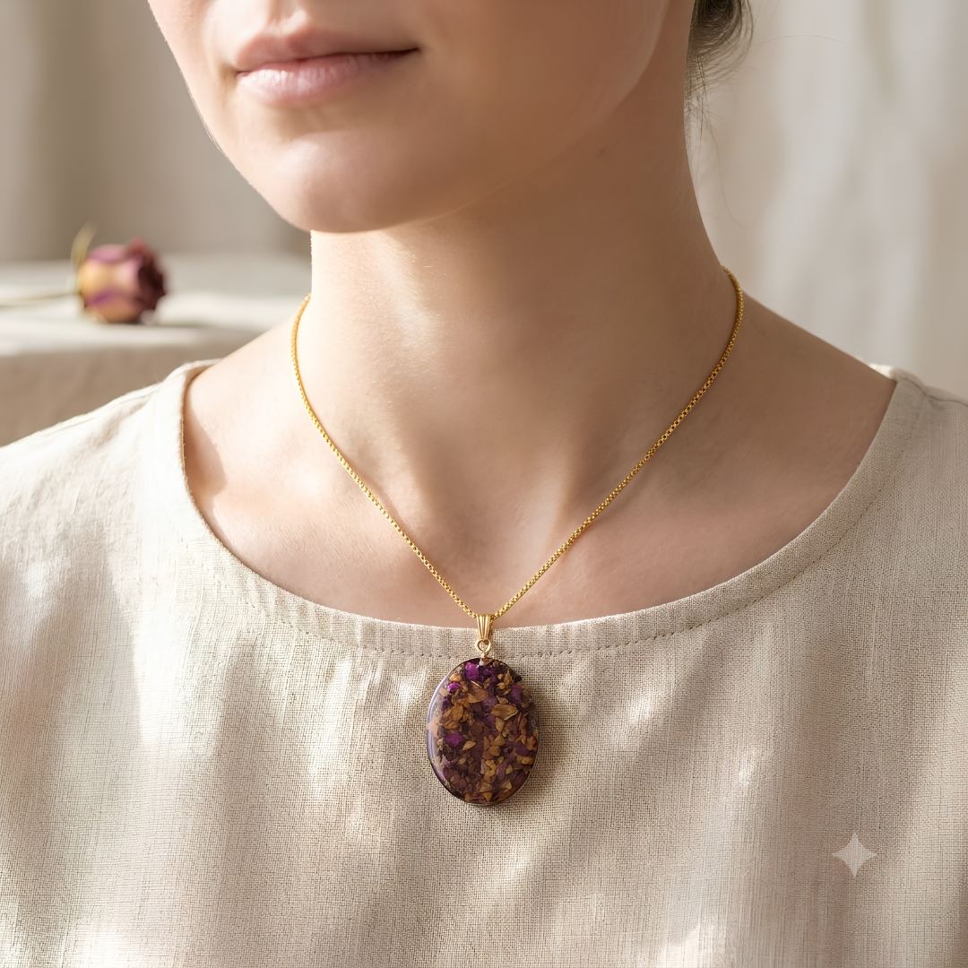 Rose petal Resin Pendant Necklace with Delicate Inclusions – Unisex Gold Chain Jewelry