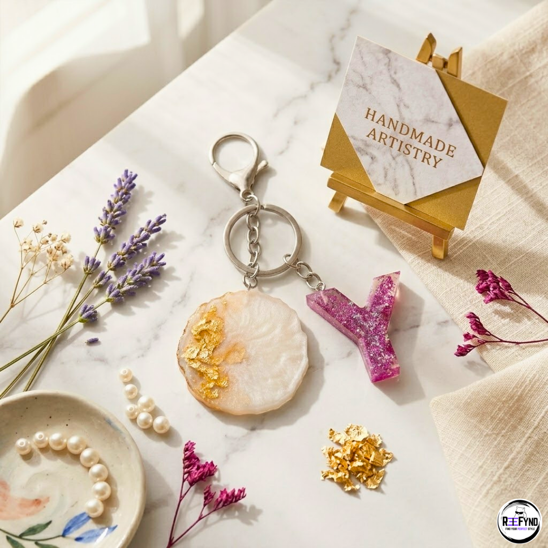 Personalized Resin (A-Z) Keychain with Pearl & Gold Foil Charm | Handmade Custom Letter Key Ring