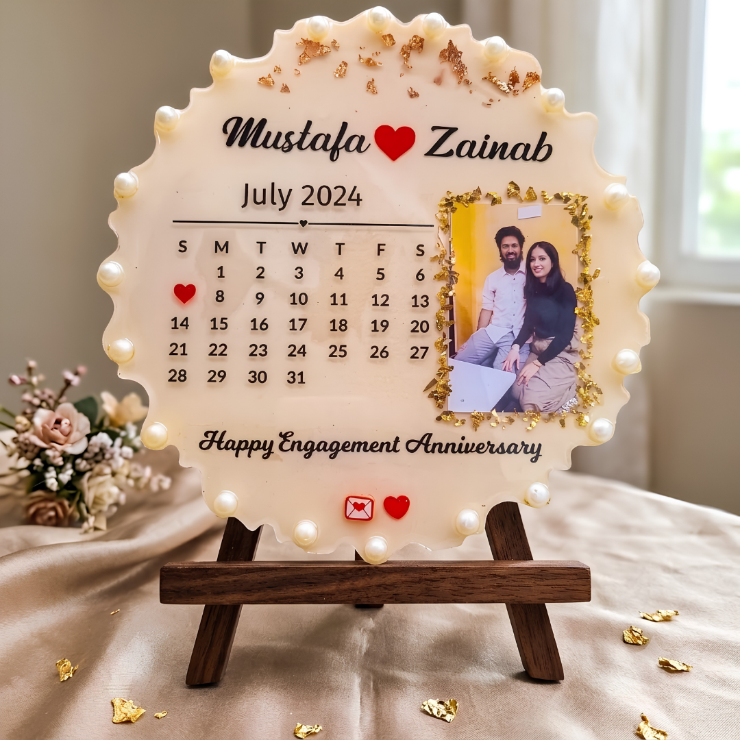 Personalized Handmade Resin Anniversary Calendar Photo Frame – Custom Couple Keepsake with Photo & Date