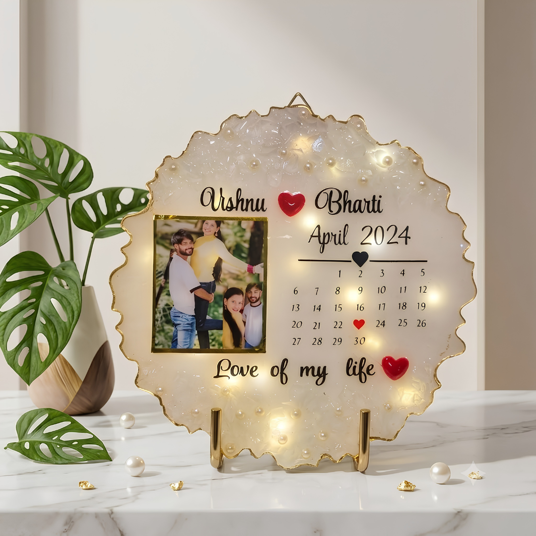 Personalized Handmade  Resin Anniversary Photo Frame – Custom Calendar Couple Keepsake with Photo