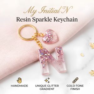 Personalized Glitter Resin Initial Keychain with Heart Charm