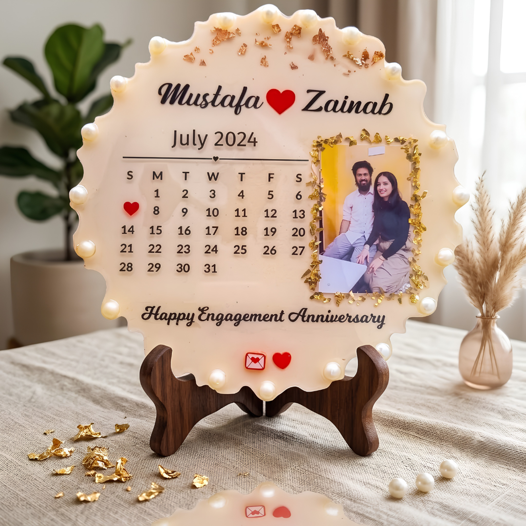 Personalized Handmade Resin Anniversary Calendar Photo Frame – Custom Couple Keepsake with Photo & Date