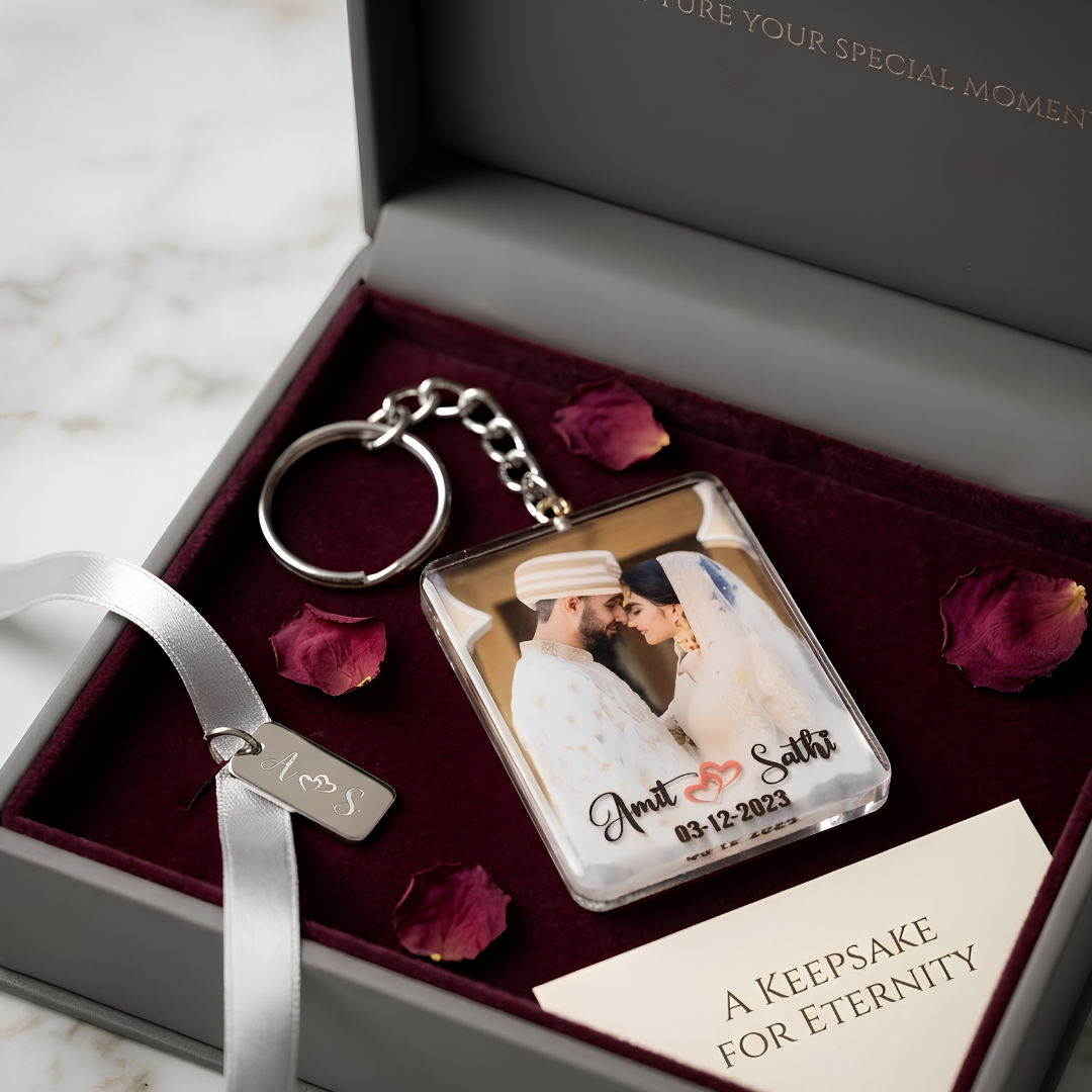 Personalized Resin Photo Keychain with Custom Names & Date | Handmade Couple Memory Keyring