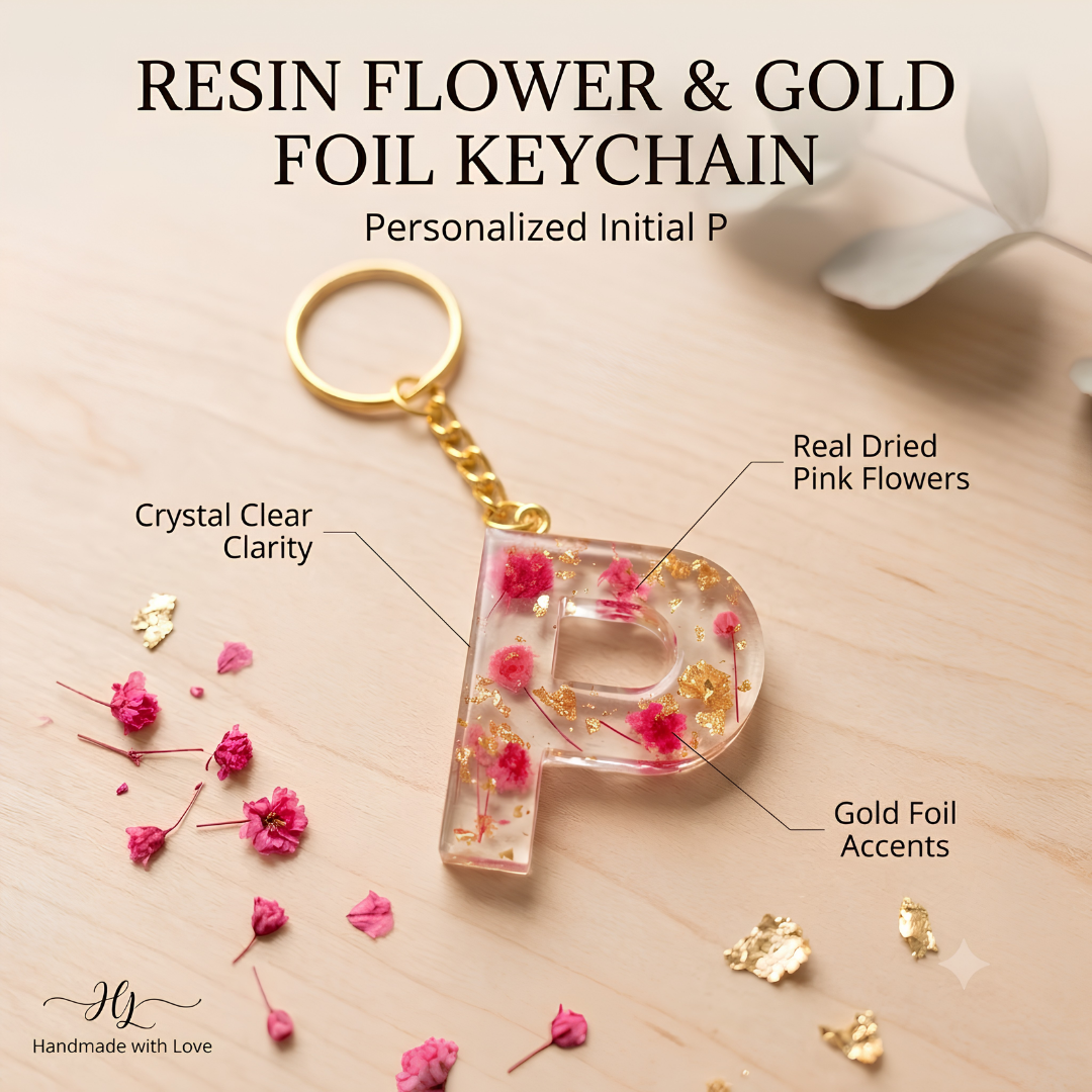 Resin Flower Initial Keychain with Gold Foil