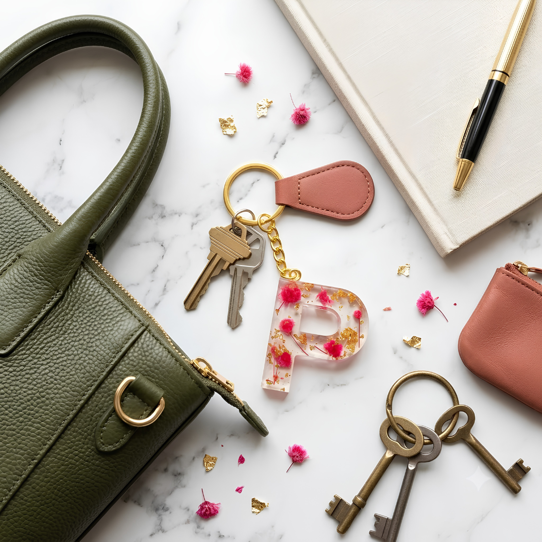 Resin Flower Initial Keychain with Gold Foil