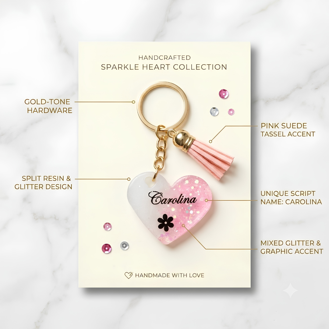 Personalized Resin Heart Keychain with Name & Tassel