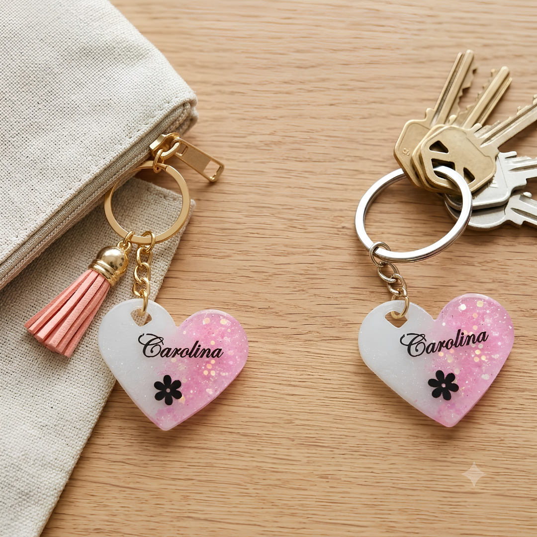 Personalized Resin Heart Keychain with Name & Tassel
